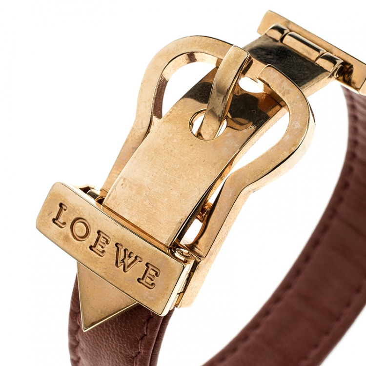 Pre Owned Loewe Nude Red Leather Rose Gold Tone Buckle Bracelet