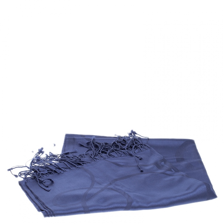 Pre Owned Loewe Blue Printed Silk Tassel Detail Stole