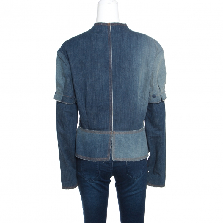 Pre Owned Loewe Indigo Washed Frayed Edge Denim Leather Trim Peplum Jacket M