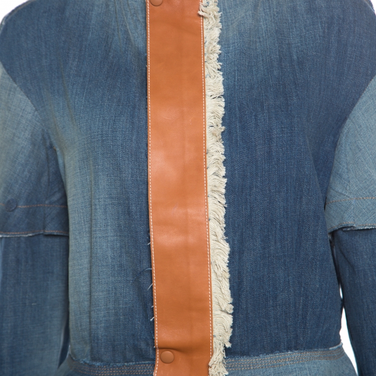 Pre Owned Loewe Indigo Washed Frayed Edge Denim Leather Trim Peplum Jacket M