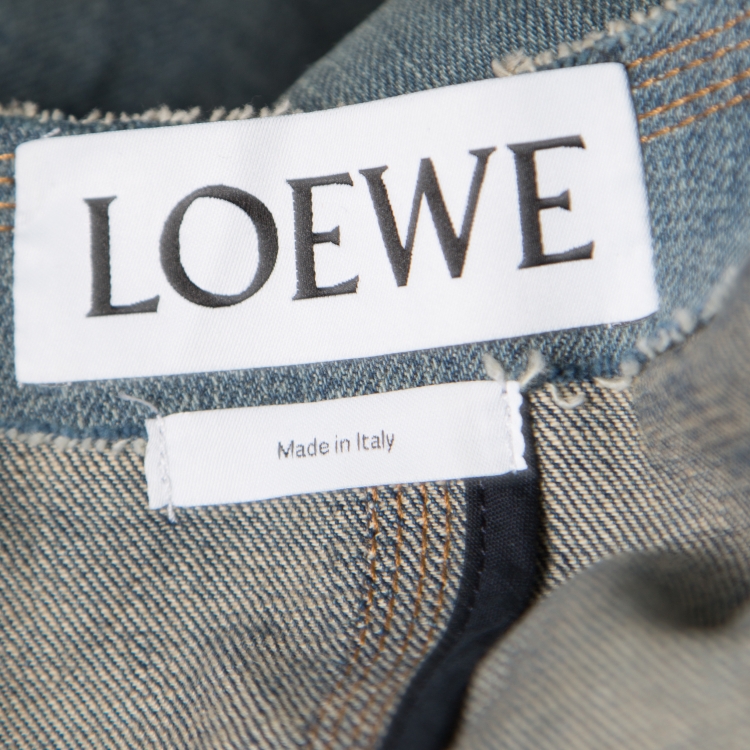 Pre Owned Loewe Indigo Washed Frayed Edge Denim Leather Trim Peplum Jacket M
