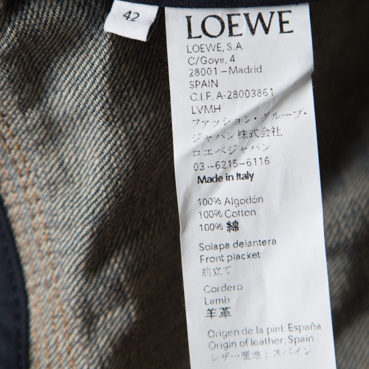 Pre Owned Loewe Indigo Washed Frayed Edge Denim Leather Trim Peplum Jacket M