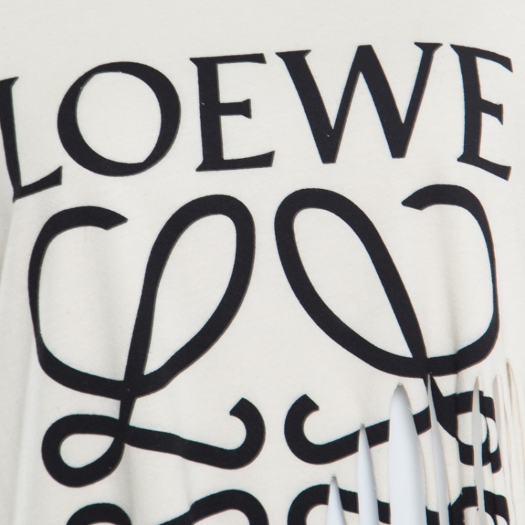 Pre Owned Loewe Cream Cotton and Silk Slub Jersey Logo Print Fringed T-Shirt L