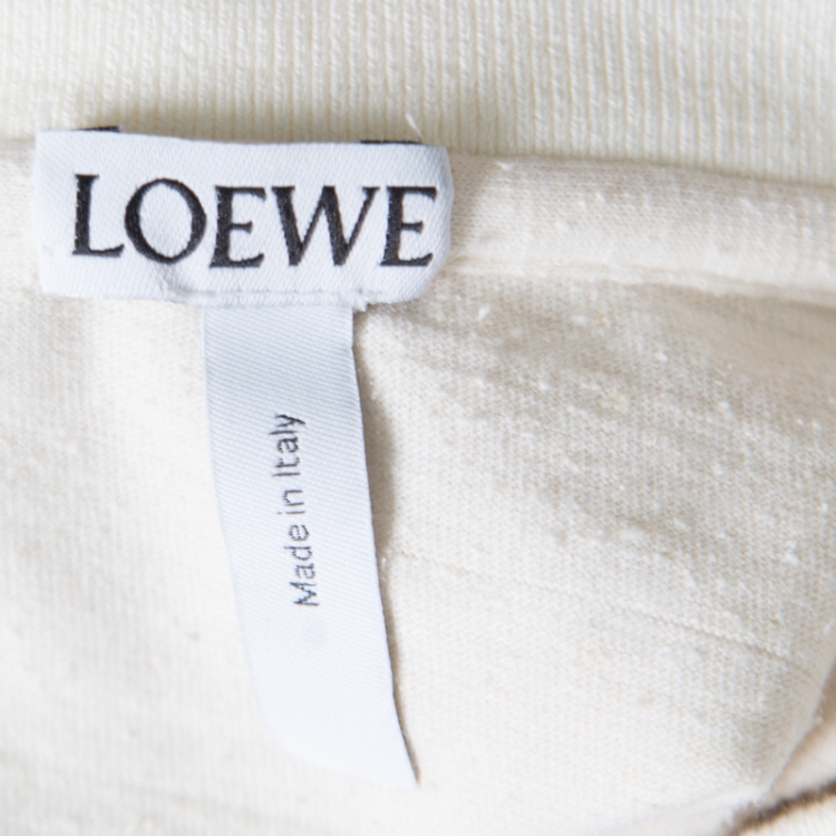 Pre Owned Loewe Cream Cotton and Silk Slub Jersey Logo Print Fringed T-Shirt L