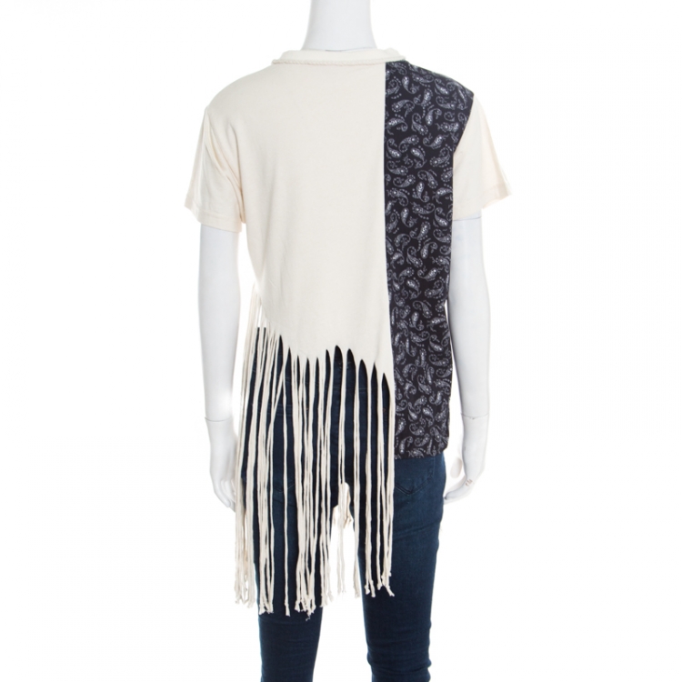 Pre Owned Loewe Cream Cotton and Silk Slub Jersey Logo Print Fringed T-Shirt L