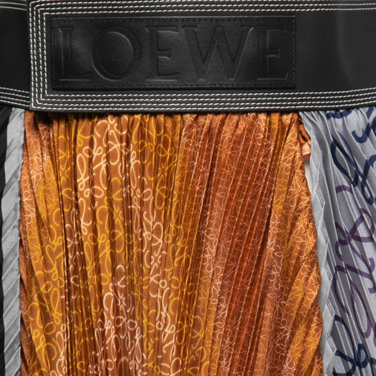 Pre Owned Loewe Multicolor Satin-Silk Anagram Pleated Asymmetrical Skirt M