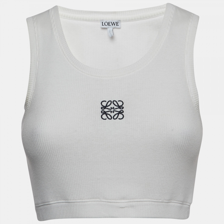 Pre Owned Loewe White Ribbed Knit Anagram Crop Top S