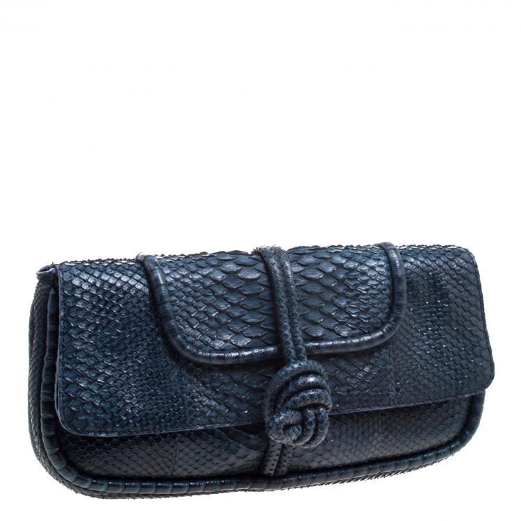 Pre Owned Loewe Navy Blue Python Folded Clutch