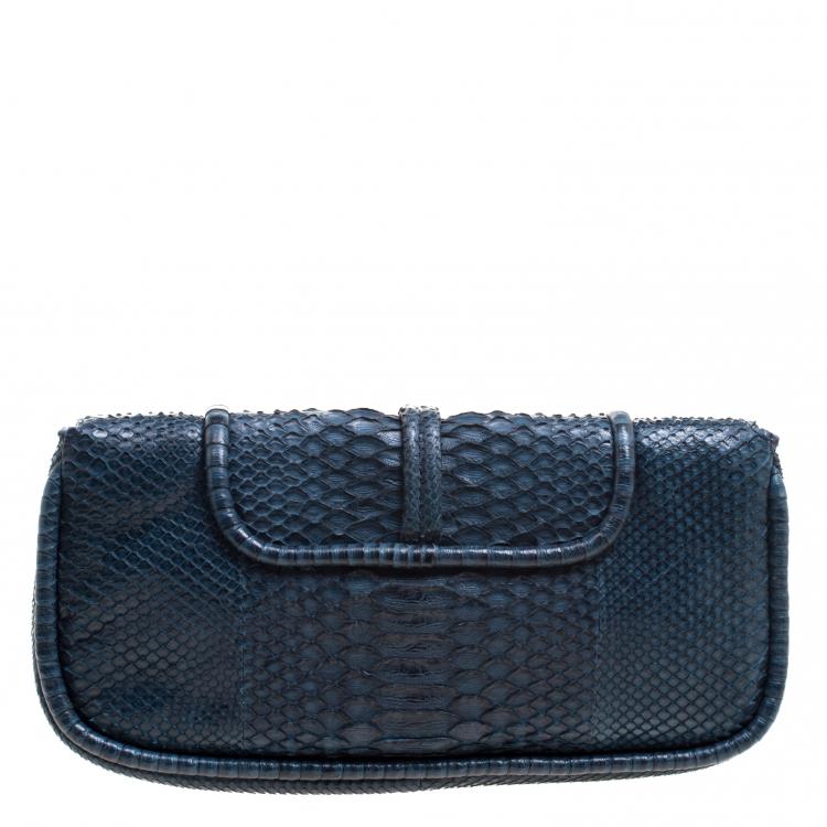 Pre Owned Loewe Navy Blue Python Folded Clutch