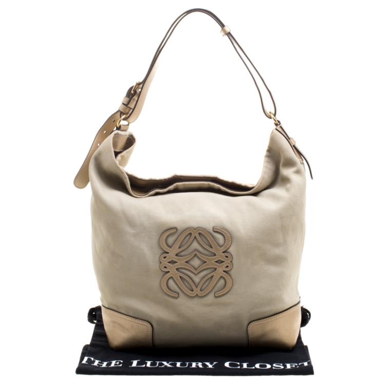 Pre Owned Loewe Beige/Gold Canvas and Leather Hobo
