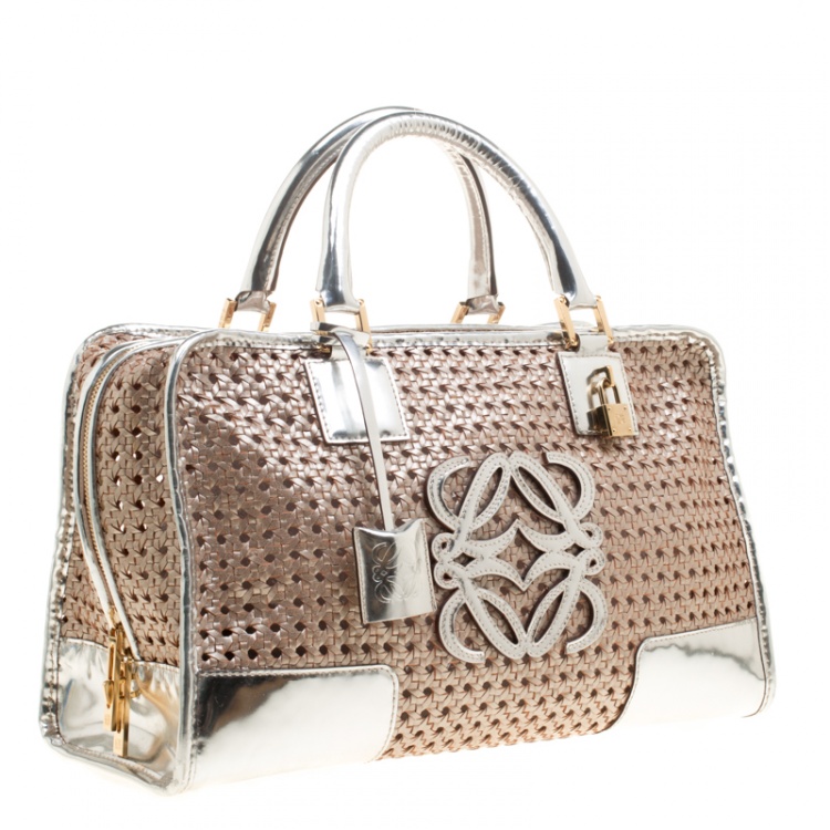 Pre Owned Loewe Metallic Peach/Silver Woven Leather Limited Edition Amazona Woven Bag