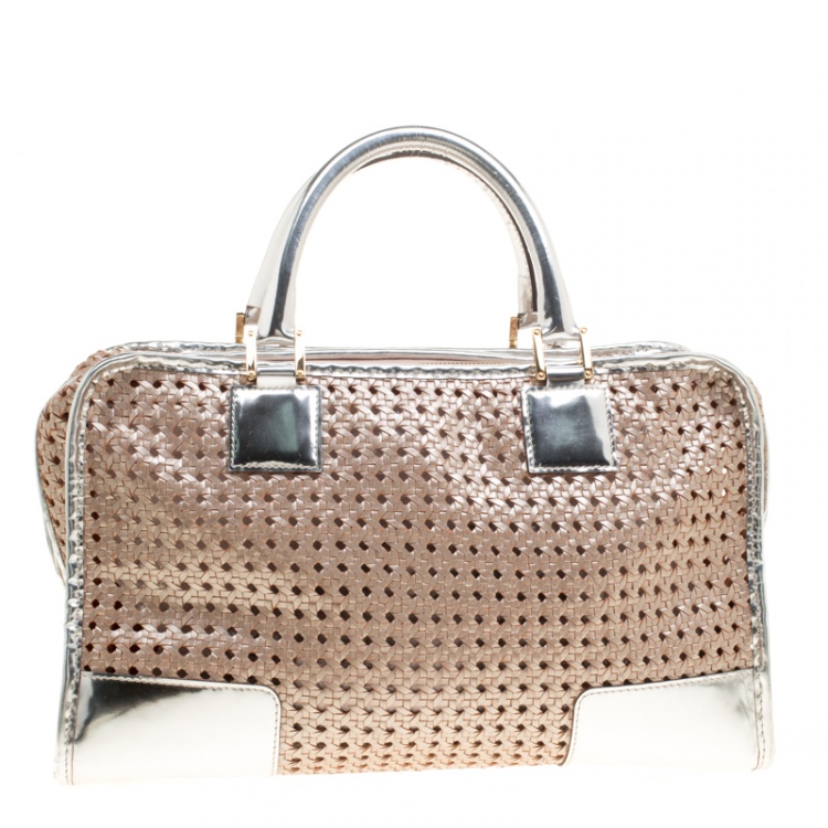 Pre Owned Loewe Metallic Peach/Silver Woven Leather Limited Edition Amazona Woven Bag