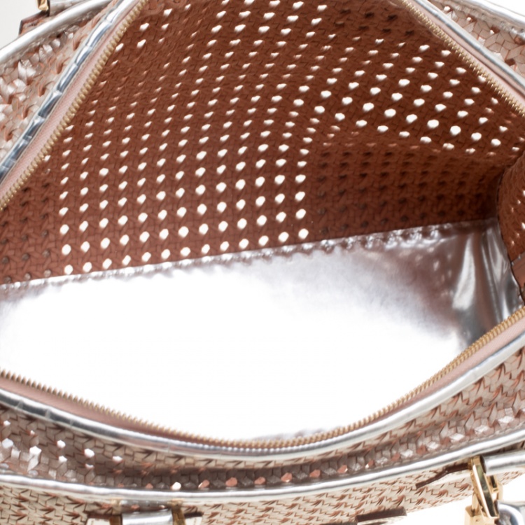 Pre Owned Loewe Metallic Peach/Silver Woven Leather Limited Edition Amazona Woven Bag
