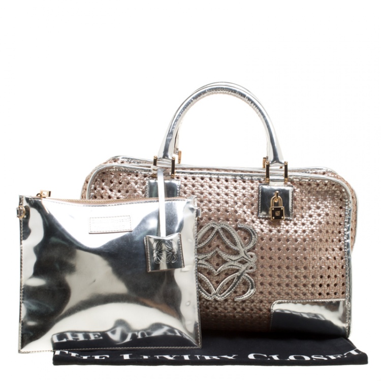 Pre Owned Loewe Metallic Peach/Silver Woven Leather Limited Edition Amazona Woven Bag