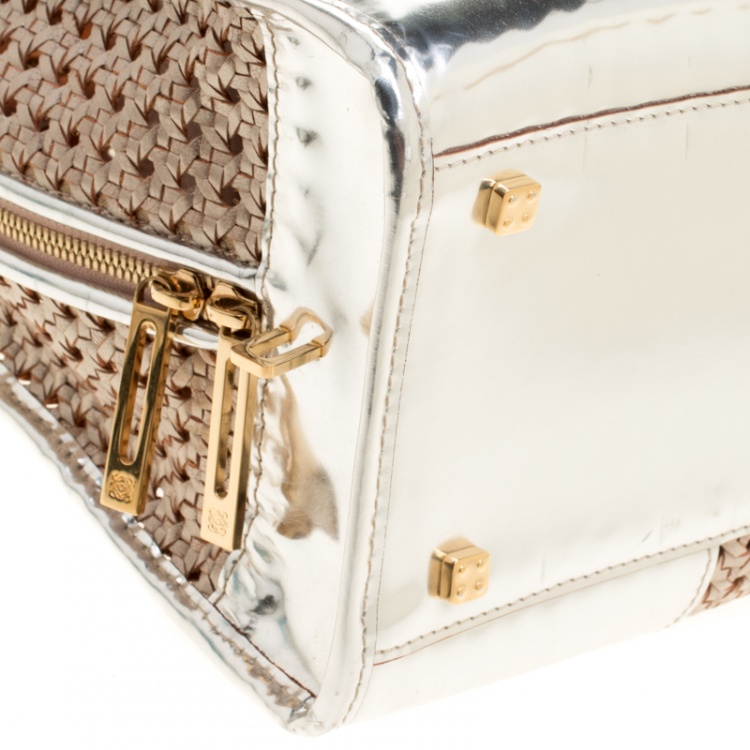 Pre Owned Loewe Metallic Peach/Silver Woven Leather Limited Edition Amazona Woven Bag