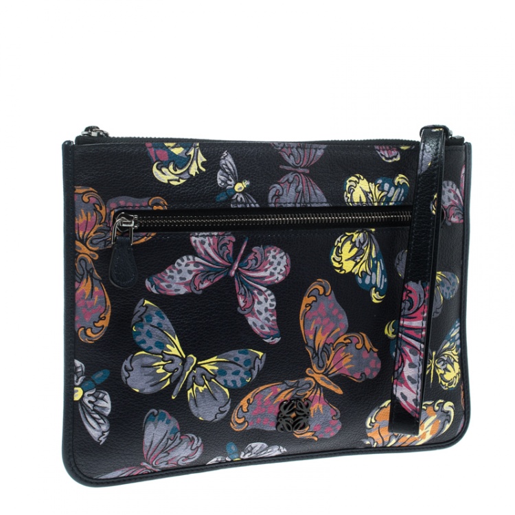 Pre Owned Loewe Multicolor Butterfly Print Leather Wrislet Clutch
