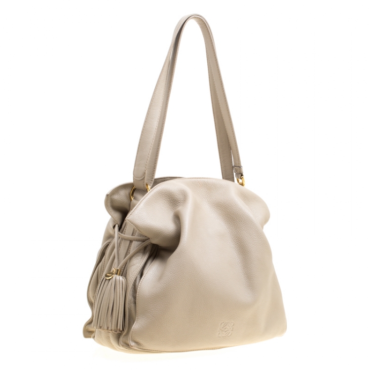Pre Owned Loewe Light Beige Leather Tassel Shoulder Bag