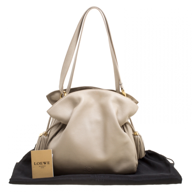 Pre Owned Loewe Light Beige Leather Tassel Shoulder Bag