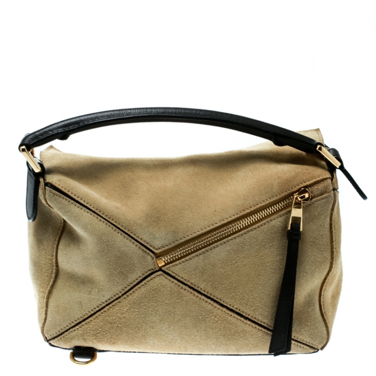 Pre Owned Loewe Beige Suede and Leather Puzzle Shoulder Bag