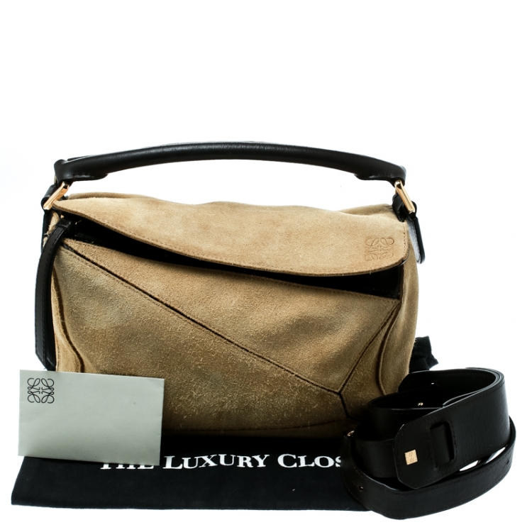 Pre Owned Loewe Beige Suede and Leather Puzzle Shoulder Bag