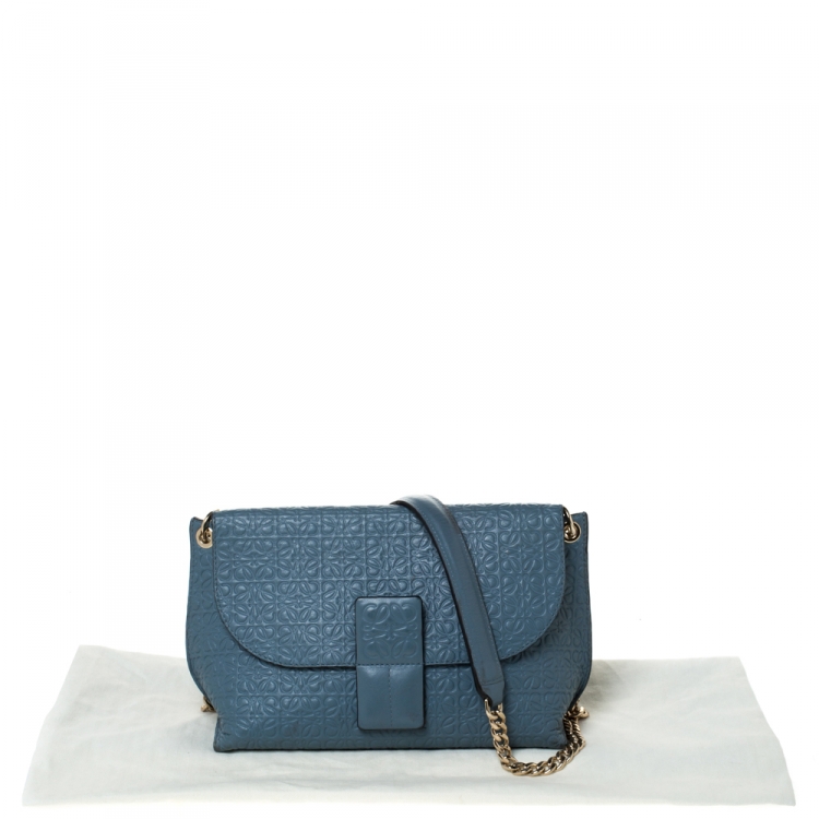 Pre Owned Loewe Blue Signature Embossed Leather Flap Shoulder Bag
