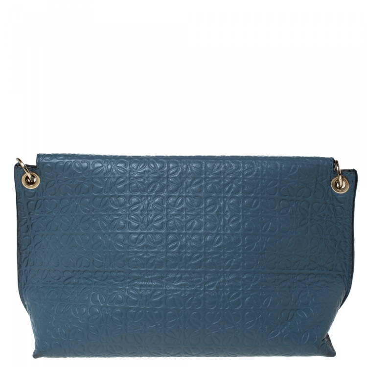 Pre Owned Loewe Blue Signature Embossed Leather Flap Shoulder Bag