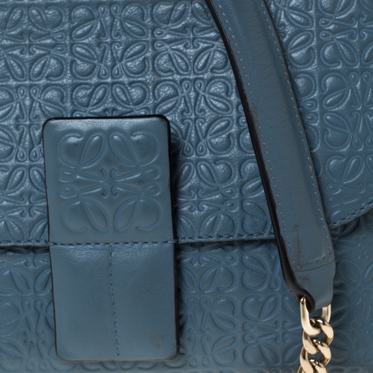 Pre Owned Loewe Blue Signature Embossed Leather Flap Shoulder Bag