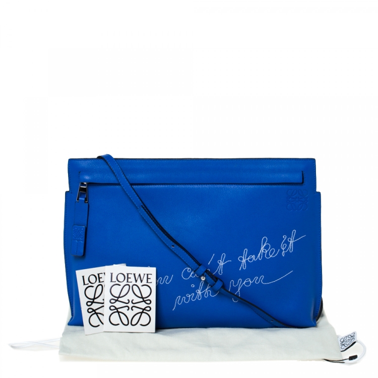مملوكة مسبقًا Loewe Blue Leather T Pouch Embroidered Clutch Bag