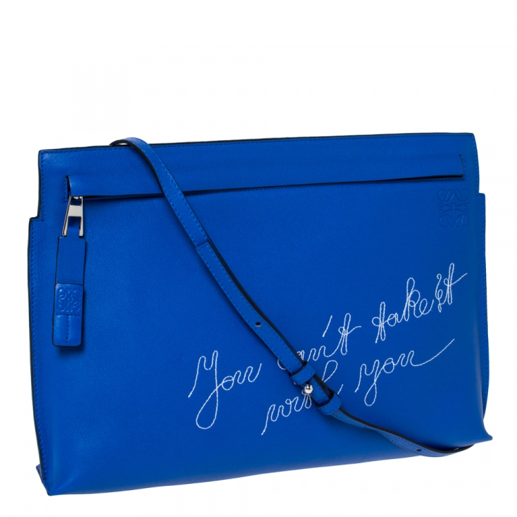 مملوكة مسبقًا Loewe Blue Leather T Pouch Embroidered Clutch Bag
