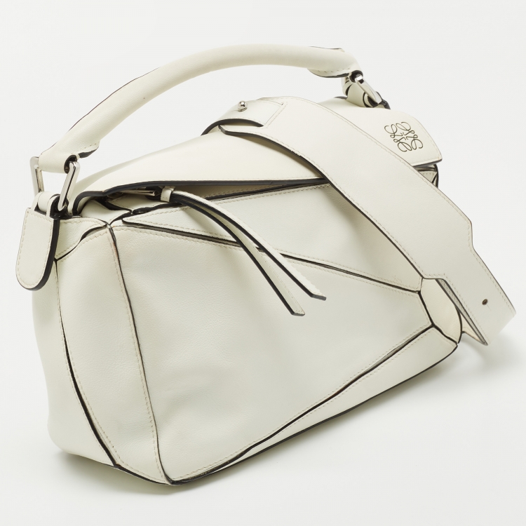 Pre Owned Loewe White Leather Small Puzzle Shoulder Bag
