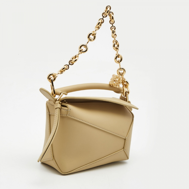 Pre Owned Loewe Cream Leather Mini Puzzle Top Handle Bag