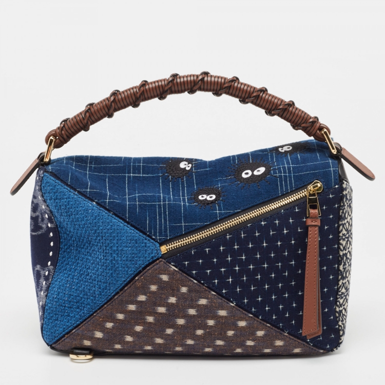 Pre Owned Loewe x Spirited Away Multicolor Denim And Leather Medium Puzzle Shoulder Bag