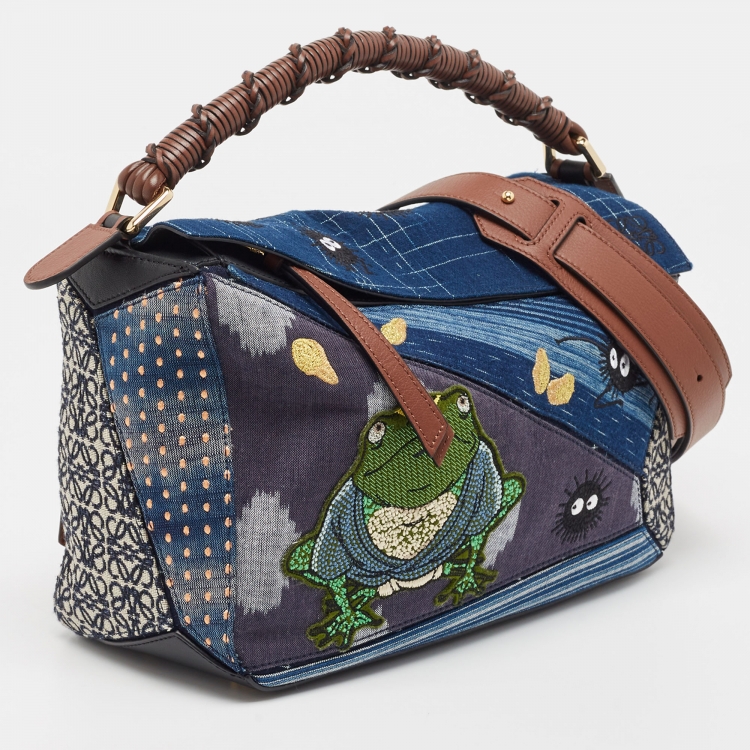 Pre Owned Loewe x Spirited Away Multicolor Denim And Leather Medium Puzzle Shoulder Bag