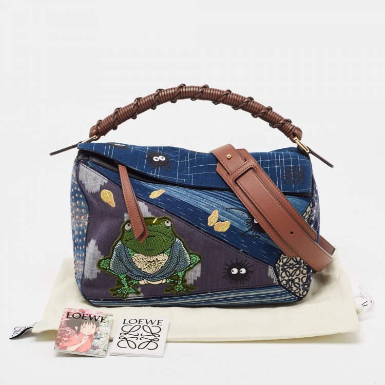 Pre Owned Loewe x Spirited Away Multicolor Denim And Leather Medium Puzzle Shoulder Bag
