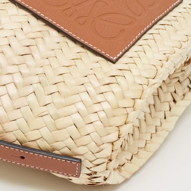 Pre Owned Loewe Beige/Tan Raffia and Leather Basket Shoulder Bag
