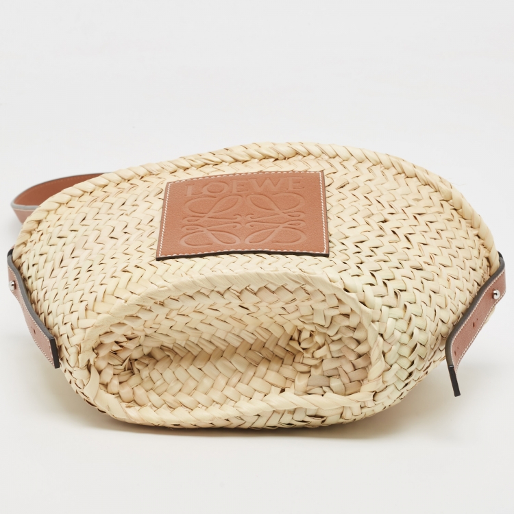 Pre Owned Loewe Beige/Tan Raffia and Leather Basket Shoulder Bag