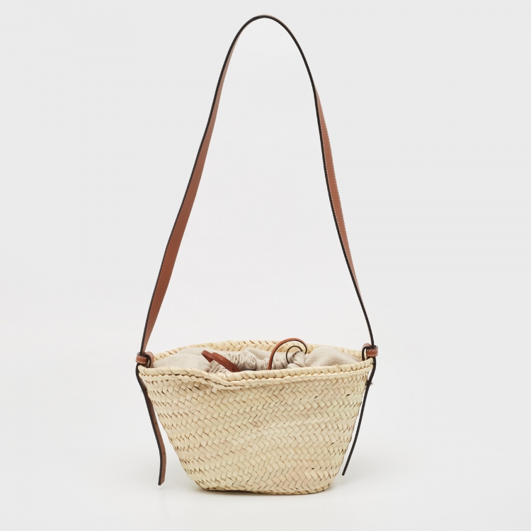 Pre Owned Loewe Beige/Tan Raffia and Leather Basket Shoulder Bag