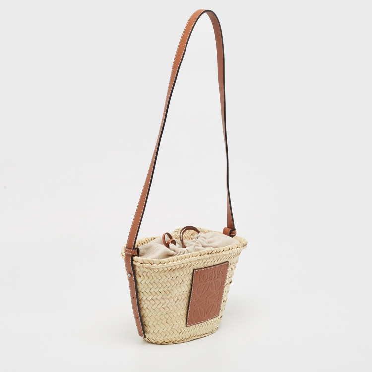 Pre Owned Loewe Beige/Tan Raffia and Leather Basket Shoulder Bag