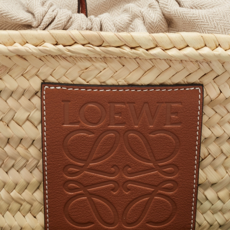 Pre Owned Loewe Beige/Tan Raffia and Leather Basket Shoulder Bag