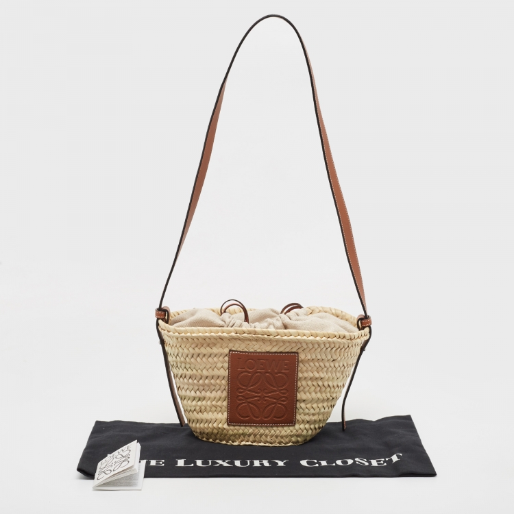 Pre Owned Loewe Beige/Tan Raffia and Leather Basket Shoulder Bag