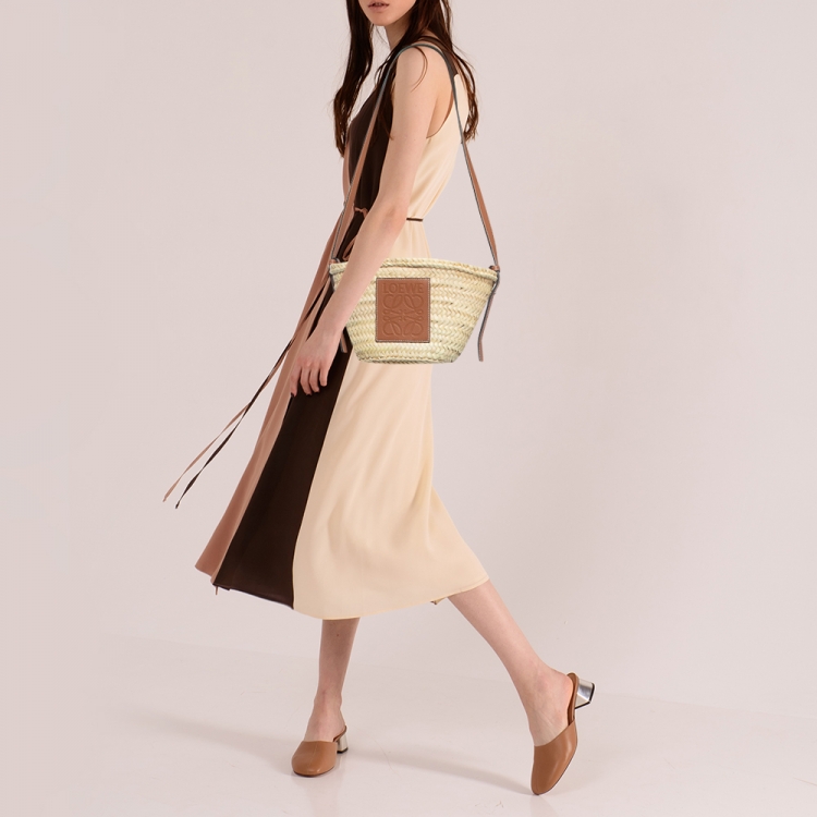 Pre Owned Loewe Beige/Tan Raffia and Leather Basket Shoulder Bag