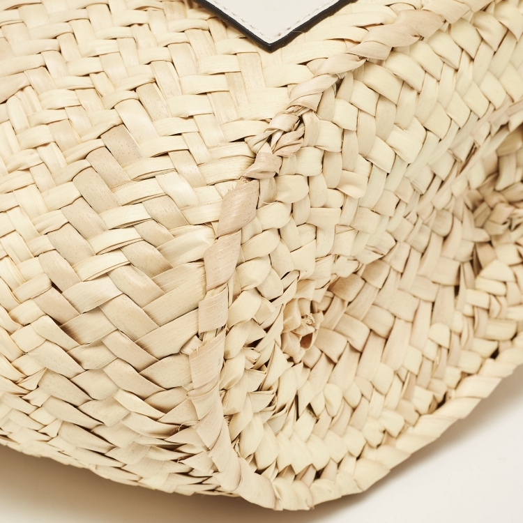 Pre Owned Loewe White/Cream Woven Raffia and Leather Anagram Basket Bag
