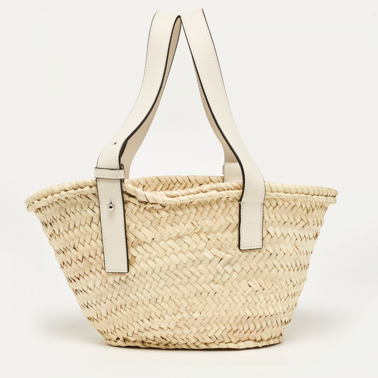 Pre Owned Loewe White/Cream Woven Raffia and Leather Anagram Basket Bag