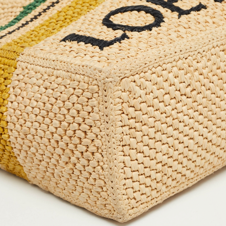 Pre Owned Loewe x Paula Ibiza Cream/Black Raffia and Leather Logo Stripe Tote