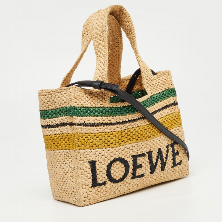 Pre Owned Loewe x Paula Ibiza Cream/Black Raffia and Leather Logo Stripe Tote