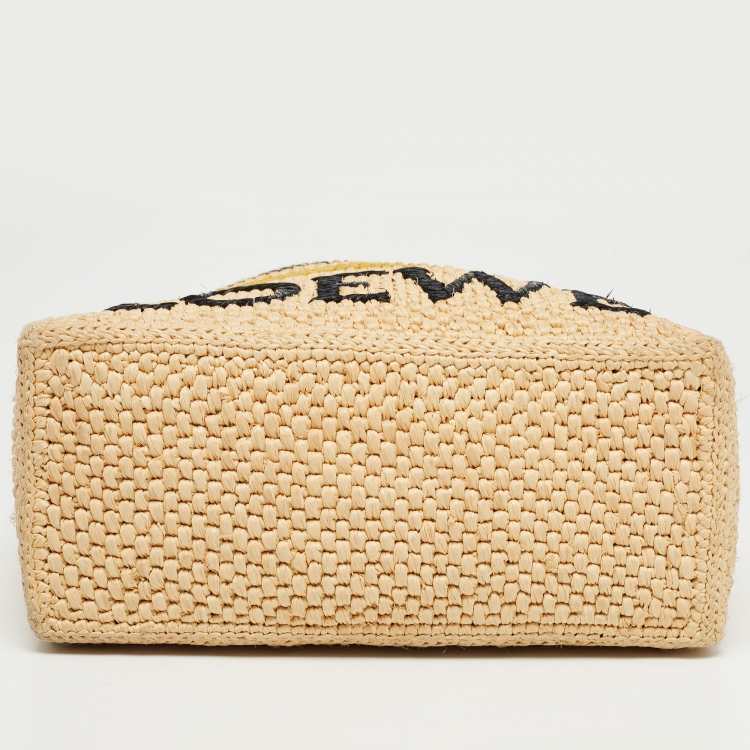 Pre Owned Loewe x Paula Ibiza Cream/Black Raffia and Leather Logo Stripe Tote