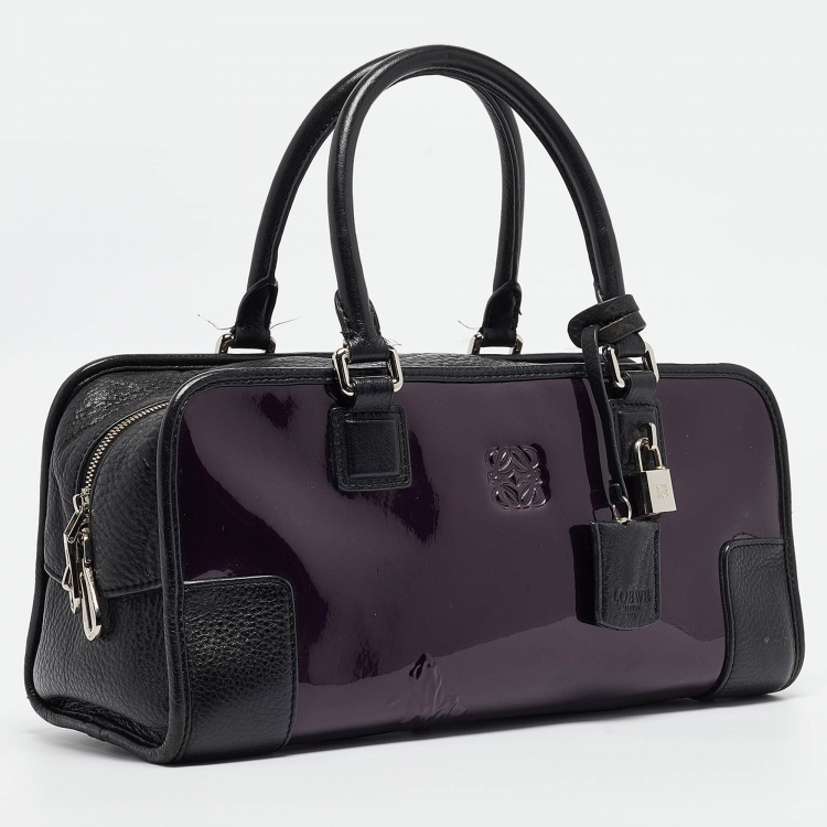 Pre Owned Loewe Purple/Black Patent Leather Amazona 36 Satchel