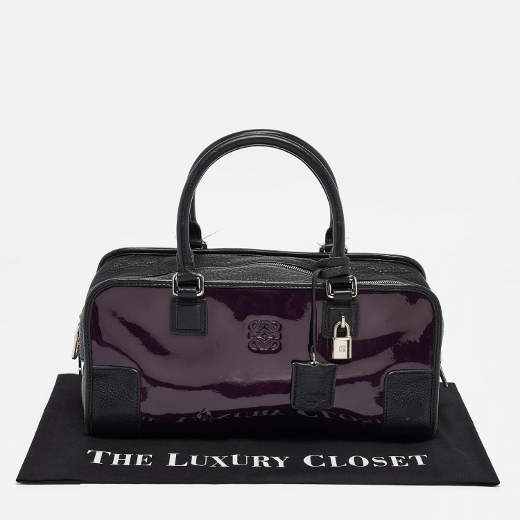 Pre Owned Loewe Purple/Black Patent Leather Amazona 36 Satchel