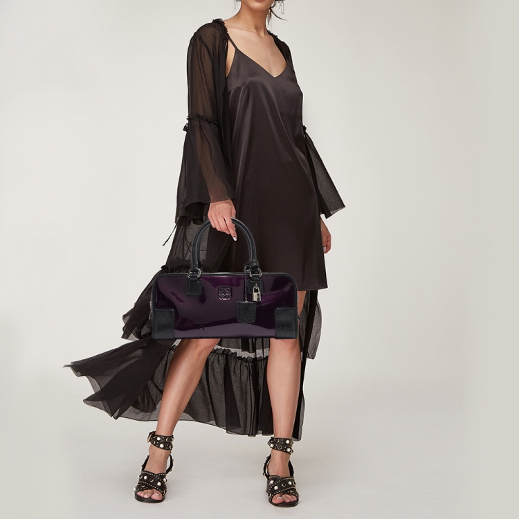 Pre Owned Loewe Purple/Black Patent Leather Amazona 36 Satchel