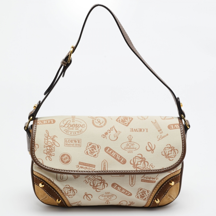Pre Owned Loewe Beige/Brown Printed Canvas and Leather Shoulder Bag